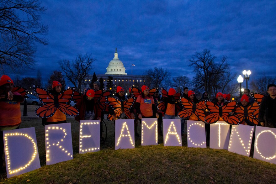 FILE - Demonstrators rally in support of Deferred Action for Childhood Arrivals (DACA) outside the Capitol Washington, Jan. 21, 2018. Daca is having its 10th anniversary on Wednesday, June 14, 2022. (AP Photo/Jose Luis Magana, File)