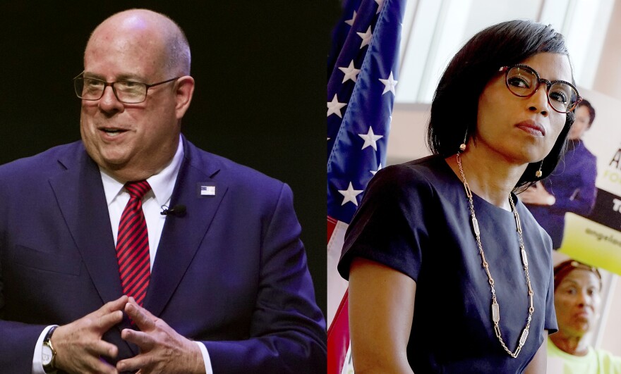 Former Gov. Larry Hogan, left, and Prince George’s County Executive Angela Alsobrooks, right, are in a dead heat in the race for the U.S. Senate, according to a new poll commissioned by the AARP.