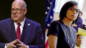 Former Gov. Larry Hogan, left, and Prince George’s County Executive Angela Alsobrooks, right, are in a dead heat in the race for the U.S. Senate, according to a new poll commissioned by the AARP.