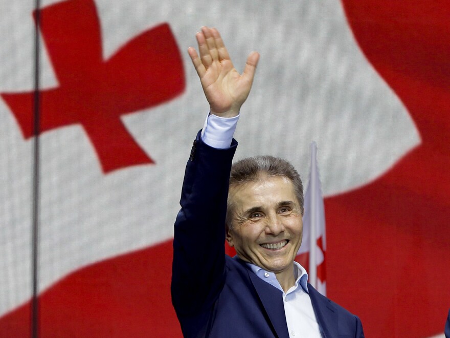 Billionaire Bidzina Ivanishvili, leader of the created by him the Georgian Dream party greets demonstrators during a rally in Tbilisi, Georgia, on April 29, 2024.