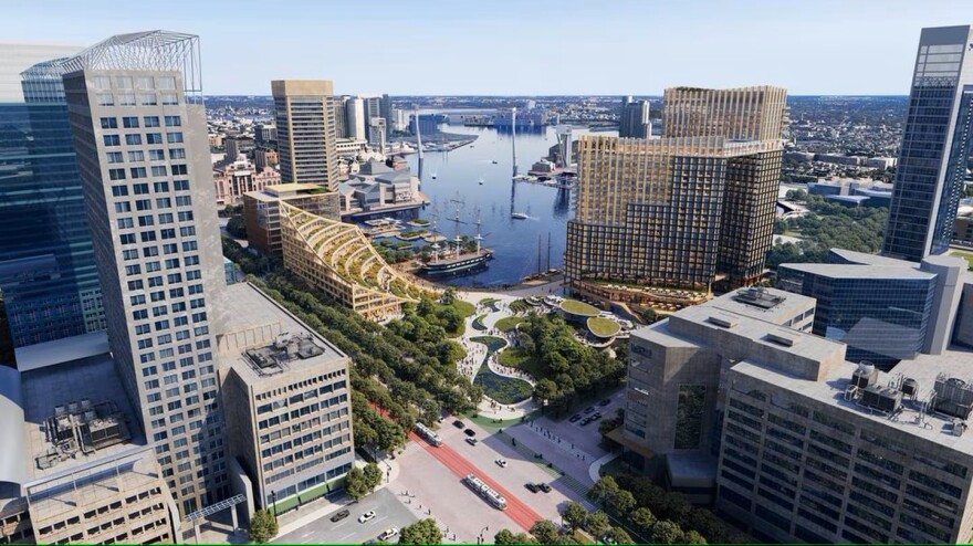 MCB Real Estate released renderings of a redeveloped Harborplace on Oct. 30, 2023 that show new buildings with residential units and new park spaces.