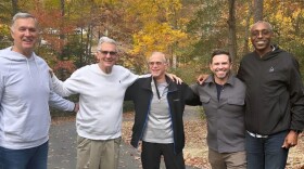 Jim Hursey, Mike Razzi, and Dennis Myers (L to R) met at a support group for people diagnosed with young-onset dementia. Richie Frieman (second from R) wrote about their friendship and how their message has inspired people living with young-onset dementia, including Glenn Smith (far R). Frieman's book is titled, "The Optimistics." Credit: Courtesy of Richie Frieman