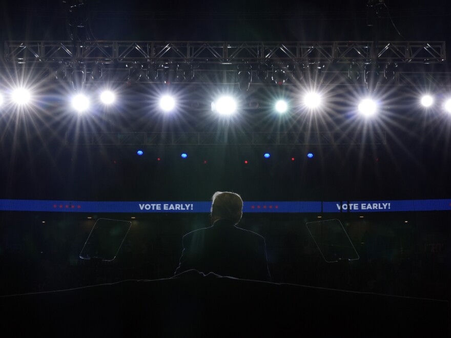 Republican presidential nominee former President Donald Trump speaks at a campaign rally at the Bryce Jordan Center on Oct. 26. in State College, Pa.