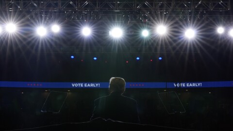 Republican presidential nominee former President Donald Trump speaks at a campaign rally at the Bryce Jordan Center on Oct. 26. in State College, Pa.