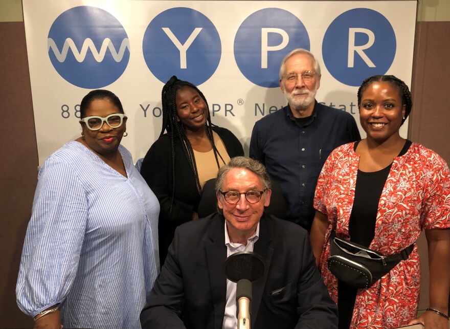 The Midday Team: (L-R) Malarie Pinkard-Pierre, Supervisory Producer; Shanya Mapson, Studio Producer; Tom Hall, Host & Executive Producer; Rob Sivak, Senior Producer; Teria Rogers, Supervisory Producer. (photo: Luke Spicknall/WYPR)