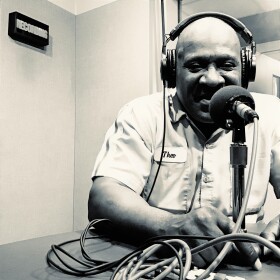 Theo Hill, recording his first podcast at the WYPR studios in 2019 (photo credit Aaron Henkin / WYPR)