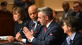 Maryland Department of Housing and Community Development Secretary Jake Day testifies with Governor Moore on housing bills before the Senate Committee on Education, Energy, and the Environment on March 1, 2024.