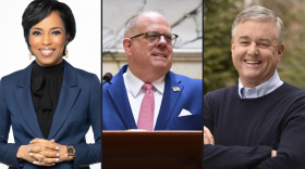 Democratic candidates for Maryland's U.S. Senate seat Angela Alsobrooks, left, and congressman David Trone, right, face off in the primary for the chance to run against former Gov. Larry Hogan, center, in the general election.