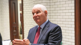 U.S. Sen. Benjamin L. Cardin Jr. speaks with reporters at the State House in Annapolis on the first day of the 2023 General Assembly session in January. (Kaitlin Newman/The Baltimore Banner)