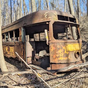 The end of the line for streetcar #7350 is a ditch in a forest in Baltimore County. Why? (photo credit Aaron Henkin / WYPR)