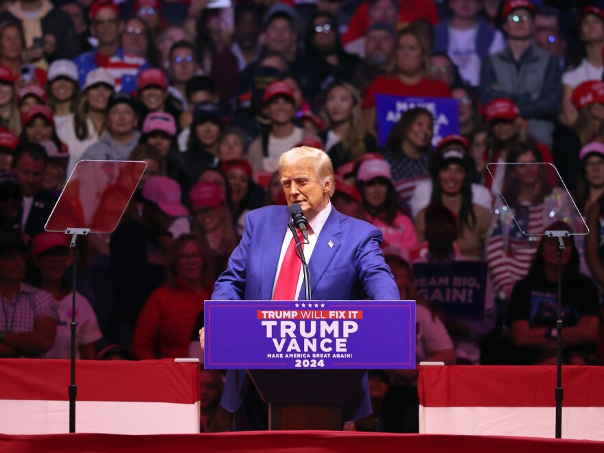 Republican presidential nominee, former U.S. President Donald Trump, speaks at a campaign rally at Madison Square Garden on Sunday in New York City.