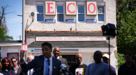 Somil Trivedi, Chief Legal and Advocacy Director at Maryland Legal Aid, speaks at a news conference outside the Edmondson Community Center in West Baltimore shortly after a lawsuit challenging city tax sales was filed in court on July 2, 2024. (Ulysses Muñoz/The Baltimore Banner)