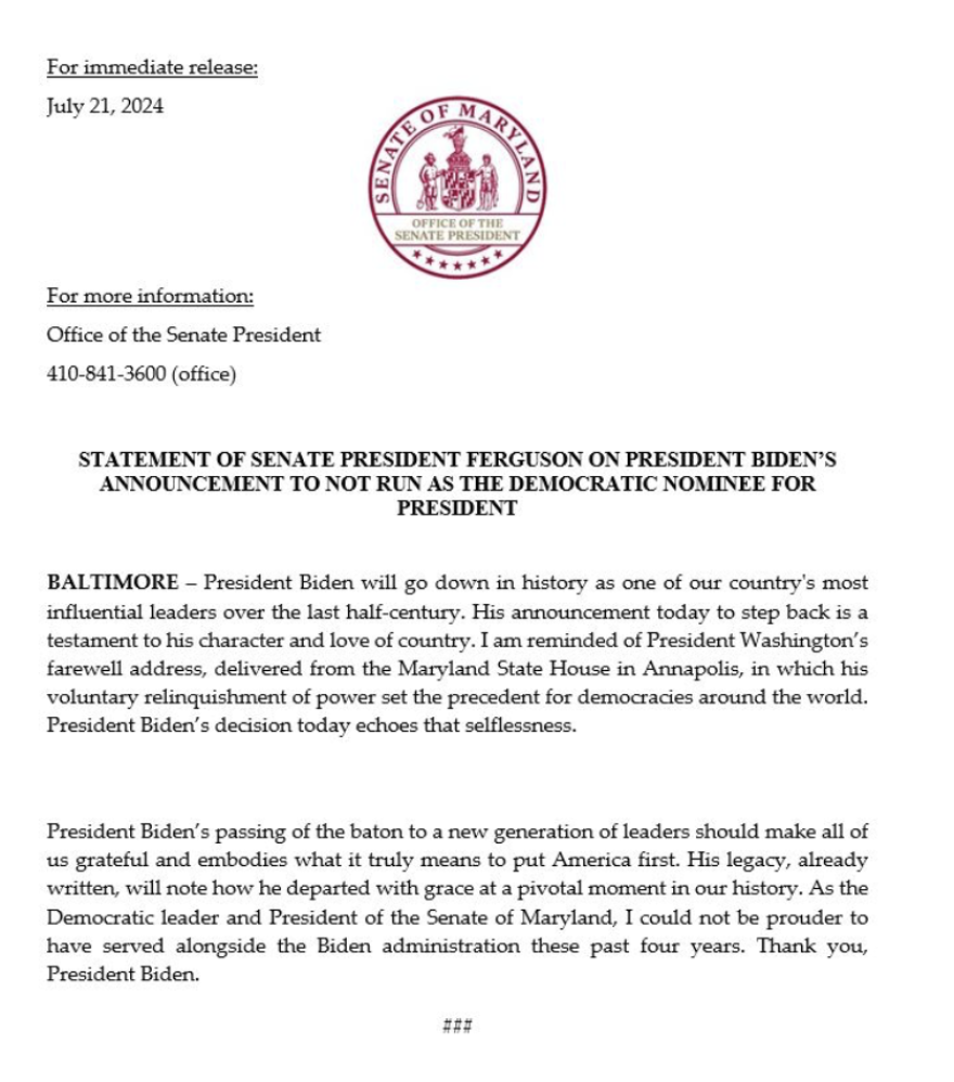 Maryland Senate President Bill Ferguson statement on President Biden leaving the 2024 Presidential Election Race.