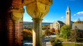 Cornell University in Ithaca, New York: an autumn view of McGraw Tower, Uris Library and Ho Plaza in fall, as seen from Barnes Hall. (photo © Lindsay France / Cornell University Marketing Group)