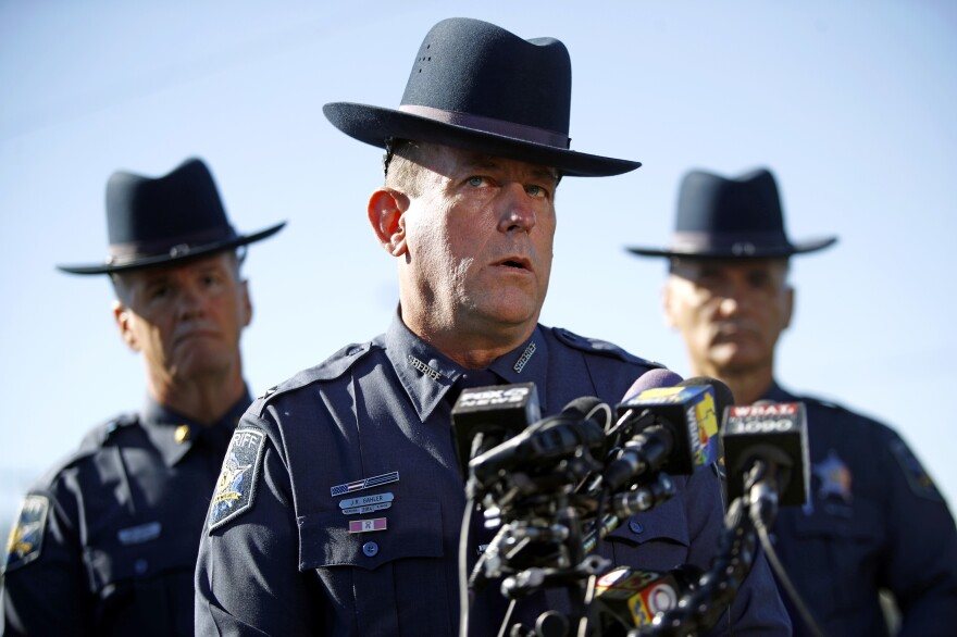 Harford County Sheriff Jeffrey Gahler speaks at a news conference following a shooting at a business park in the Edgewood area of Harford County, Md., Wednesday, Oct. 18, 2017. The gunman killed multiple co-workers and wounded others before fleeing the scene, Gahler said. (AP Photo/Patrick Semansky)