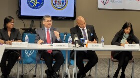 From left to right: U.S. Health and Human Services Secretary Xavier Becerra, Gov. Wes Moore and Lt. Gov Aruna Miller listen in as mental health experts weigh during a roundtable that took place at Behavioral Health System in Baltimore City on Friday, January 27, 2023.