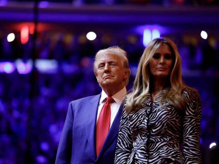 Republican presidential nominee, former U.S. President Donald Trump and Melania Trump take the stage at the campaign rally at Madison Square Garden on Sunday in New York City.