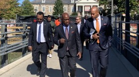 Maryland Democratic nominee for Governor Wes Moore walks with Morgan State University president.