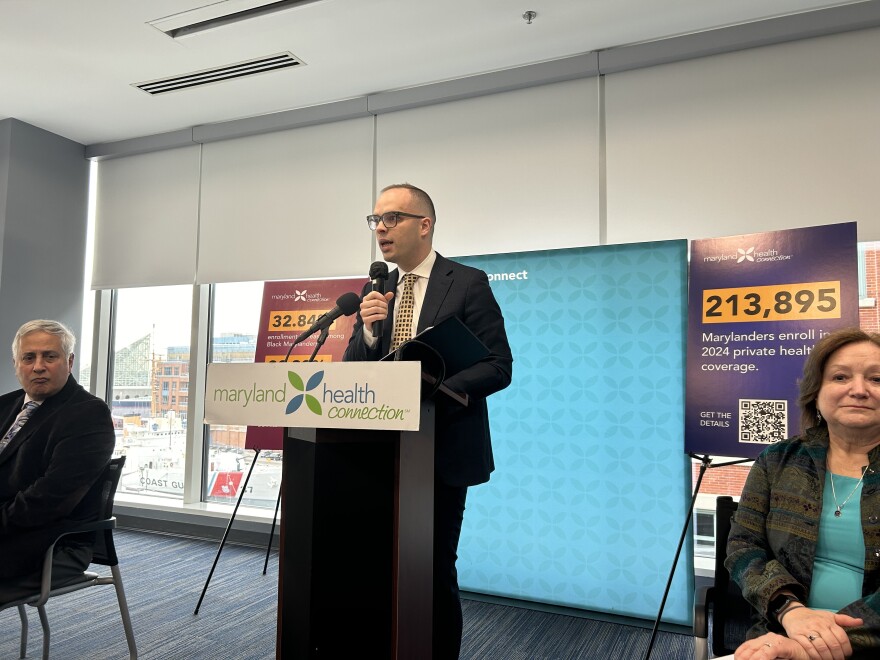 Ryan Moran, Maryland Department of Health deputy secretary for health care financing, speaks at the Maryland Health Benefit Exchange press conference in Baltimore on Jan. 18, 2024. Photo by Scott Maucione/WYPR.