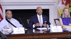 Members of the Maryland Board of Public Works, from left, Treasurer Dereck Davis, Gov. Wes Moore and Comptroller Brooke Lierman listen to testimony about $148.3 million in state budget cuts approved, Wednesday, July 17, 2024 in Annapolis, Md. (AP Photo/Brian Witte)