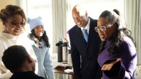 Maryland Gov.-Elect Wes Moore and his family meet with Oprah Winfrey at Government House prior to his inauguration in Annapolis, Md., Wednesday, Jan. 18, 2023. (AP Photo/Bryan Woolston)