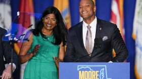 Democrats Aruna Miller (left) and Wes Moore react during an election night gathering after Miller was declared the winner in the race for the Maryland lieutenant governor and Moore was declared the winner in the gubernatorial race in Baltimore.