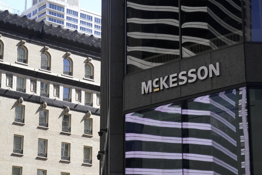 A sign to a McKesson location is shown in San Francisco, Tuesday, April 18, 2023. (AP Photo/Jeff Chiu)