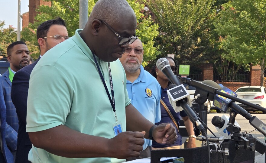 CUB Vice-President Roderick Pinkett speaks. CUB has been sounding the alarm for years about dangerous conditions in city facilities, especially at DPW. Pinkett also acknowledges that CUB can do more for training its own members who have themselves come up through a system of harassment and intimidation. Photo by Emily Hofstaedter/WYPR. 