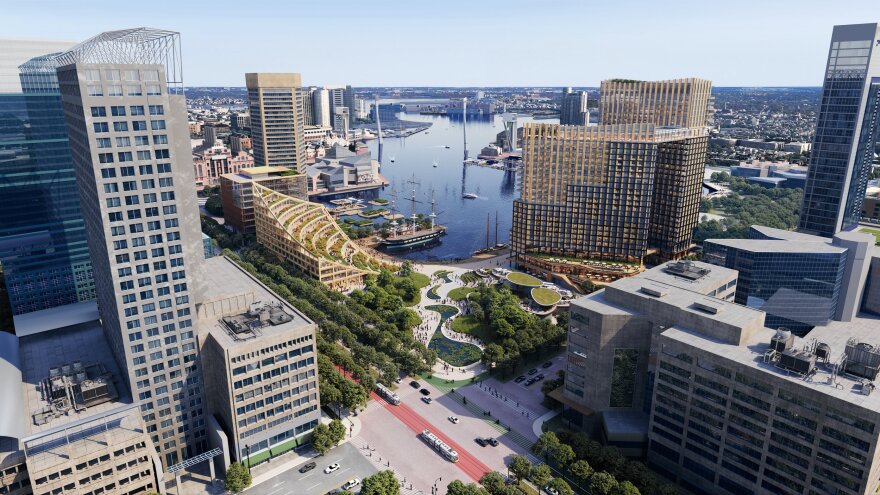 The reimagined Harborplace waterfront proposed by developer P. David Bramble offers a unique synthesis of parks, markets, office space and residential units, a mix the developer says is designed to "to enhance and embrace the water." (image courtesy MCB Real Estate)