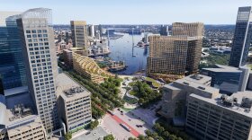 The reimagined Harborplace waterfront proposed by developer P. David Bramble offers a unique synthesis of parks, markets, office space and residential units, a mix the developer says is designed to "to enhance and embrace the water." (image courtesy MCB Real Estate)