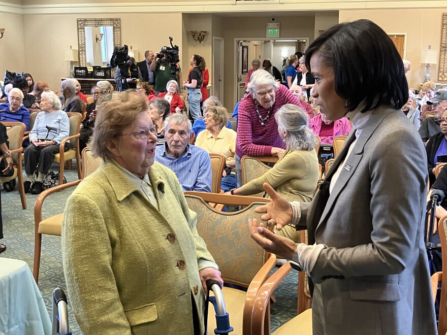 Retired U.S. Senator Barbra Mikulski campaigns with senate candidate Angela Alsobrooks in Pikesville. Photo by John Lee/WYPR.