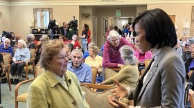 Retired U.S. Senator Barbra Mikulski campaigns with senate candidate Angela Alsobrooks in Pikesville. Photo by John Lee/WYPR.