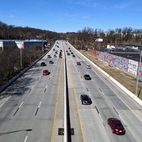 The northbound view of I-83, from the 41st Street bridge. Post-mounted speed cameras monitor traffic in both directions at this location. (Photo credit Aaron Henkin / WYPR)