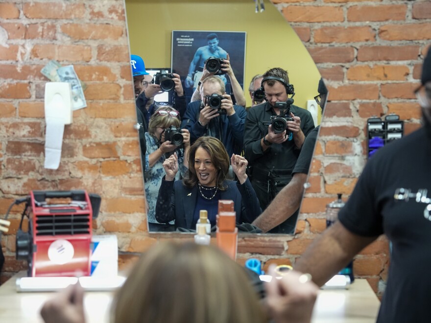 Vice President Harris sits in the “lucky chair” at PhillyCuts on Oct. 27, 2024 in Philadelphia. According to the barbershop, anybody that has run for office and has sat in that chair has won their race.