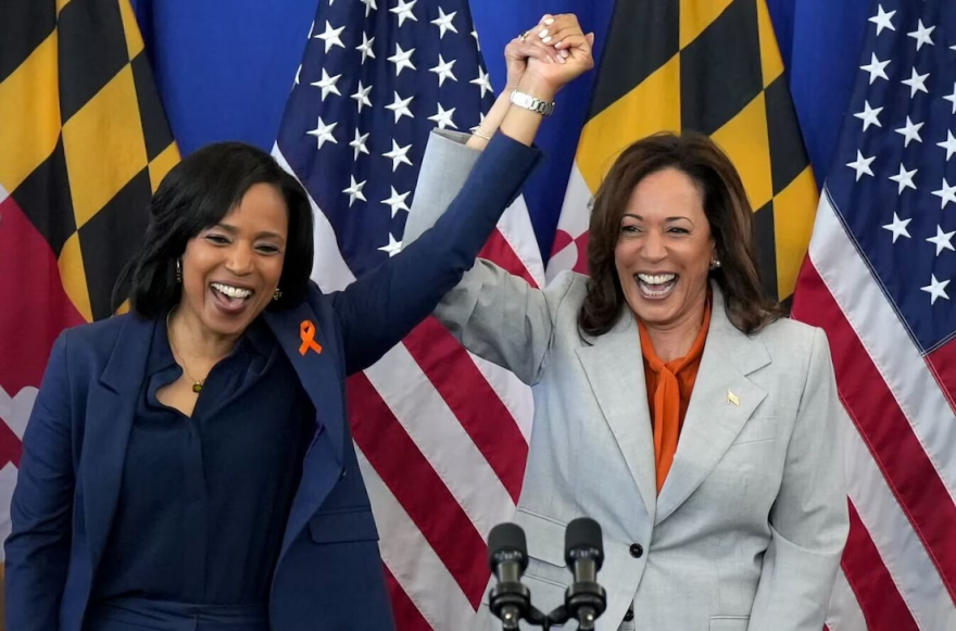 Vice President Kamala Harris (right) endorsed Democratic Senate nominee Angela Alsobrooks in June. Alsobrooks returned the favor Sunday, saying Harris should claim the top spot on the Democratic presidential ticket. (Ulysses Muñoz/The Baltimore Banner)