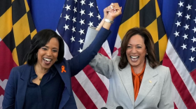 Vice President Kamala Harris (right) endorsed Democratic Senate nominee Angela Alsobrooks in June. Alsobrooks returned the favor Sunday, saying Harris should claim the top spot on the Democratic presidential ticket. (Ulysses Muñoz/The Baltimore Banner)