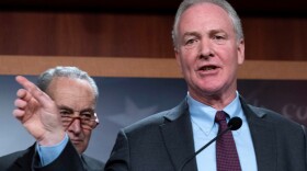 U.S. Sen. Chris Van Hollen, a Maryland Democrat, is flanked by Senate Majority Leader Chuck Schumer, a Democrat of New York during a recent press conference in Washington D.C. Van Hollen is expected to introduce legislation that would enable healthcare enrollment on tax forms replicated nationwide.