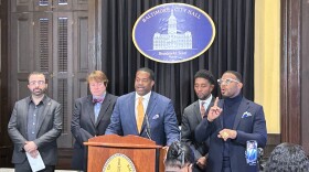 Council President Nick Mosby announces two bills he will introduce at a city council meeting on Sep 30, 2024. The legislation creates a first-of-its-kind affordable housing tax increment financing (TIF) legislation targeting vacant housing in Baltimore. Photo by Wambui Kamau/WYPR.