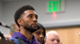 Baltimore Mayor Brandon Scott is seen during a press conference about the Key Bridge collapse in Dundalk, Maryland on Wednesday, March 27, 2024.