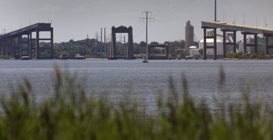 The remnants of the Key Bridge as seen from Sparrows Point in Baltimore County, Maryland.