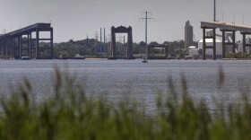 The remnants of the Key Bridge can be seen from Sparrows Point in Baltimore County, Maryland.