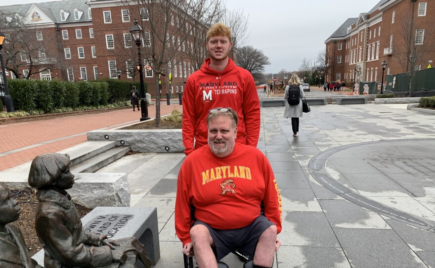 Joseph Dubsky, a freshman at the University of Maryland, College Park campus said he's concerned that without access to the state's college savings plan he might drop out of school. His father, Michael Dubsky, joined him for a rally in Annapolis, Maryland on January 19th, 2023.