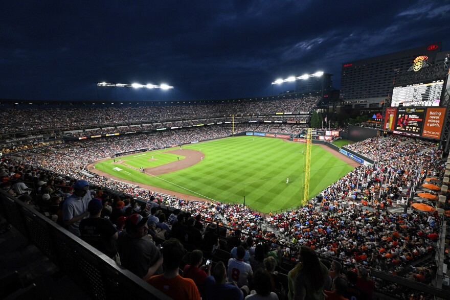 A general view image of Oriole Park at Camden Yards during the seventh inning of a baseball game between the Baltimore Orioles and the Philadelphia Phillies, Friday, June 14, 2024, in Baltimore. (AP Photo/Terrance Williams)