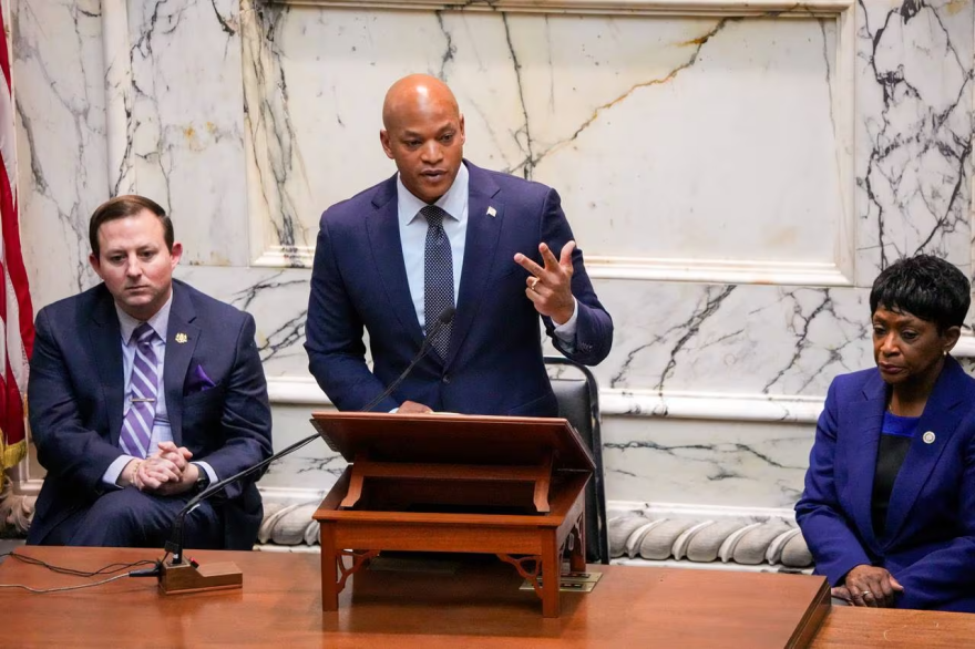 Gov. Wes Moore, flanked by Senate President Bill Ferguson and House Speaker Adrienne A. Jones, delivers his second State of the State address in the Maryland State House on February 7, 2024. (Ulysses Muñoz/The Baltimore Banner)