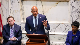 Gov. Wes Moore, flanked by Senate President Bill Ferguson and House Speaker Adrienne A. Jones, delivers his second State of the State address in the Maryland State House on February 7, 2024. (Ulysses Muñoz/The Baltimore Banner)