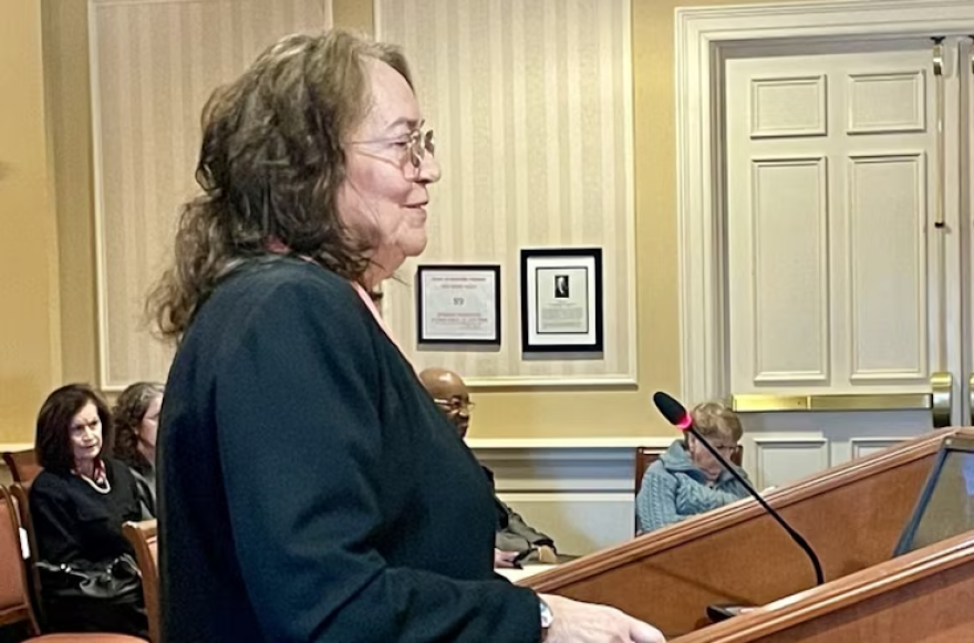 Diane Butler, a nominee for the Maryland State Board of Elections, appears before the Senate Executive Nominations Committee in Annapolis on March 11, 2024. (Brenda Wintrode/The Baltimore Banner)