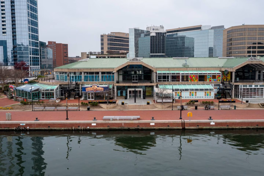 A view of Baltimore's Inner Harbor and historic ship taken with a drone. (Marcus Payne for The Baltimore Banner)