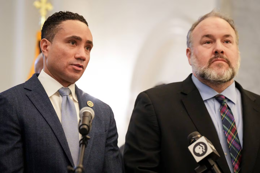 Sen. Will Smith, chairman of the Senate Judicial Proceedings Committee, and Del. Luke Clippinger, chairman of the House Judiciary Committee, announce new juvenile justice legislation in the Maryland State House lobby on January 31, 2024. (Ulysses Muñoz/The Baltimore Banner)