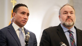 Sen. Will Smith, chairman of the Senate Judicial Proceedings Committee, and Del. Luke Clippinger, chairman of the House Judiciary Committee, announce new juvenile justice legislation in the Maryland State House lobby on January 31, 2024. (Ulysses Muñoz/The Baltimore Banner)