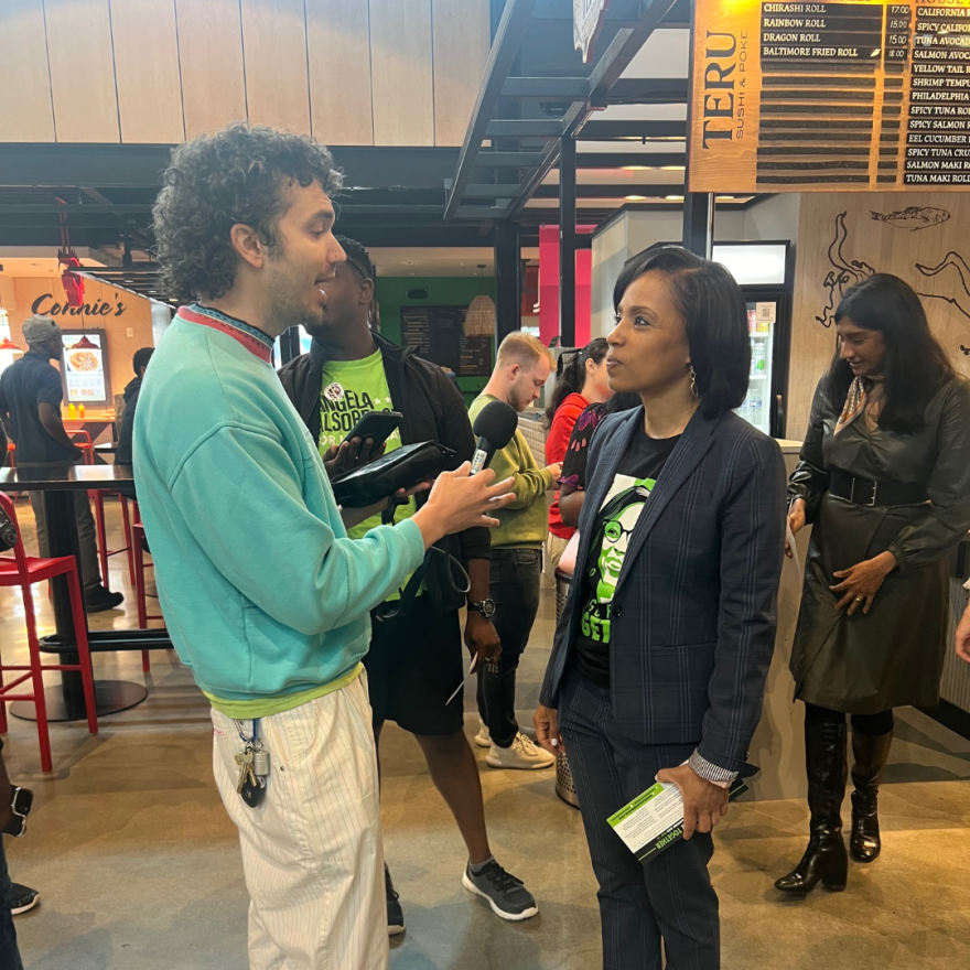 WYPR Reporter Scott Maucione speaks with Prince George’s County Executive Angela Alsobrooks, who is the Democratic nominee for U.S. Senate. Photo by Izzi Bavis/WYPR.